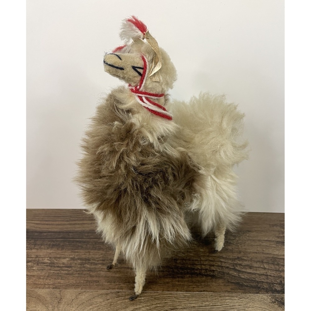 Llama Alpaca Plush Doll Figure Real Wool Fur 10" Handmade Folk Art Animal
